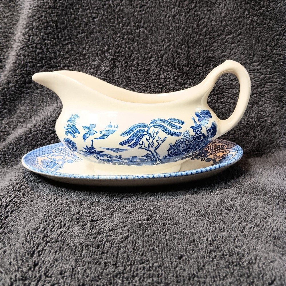 Vintage English Ironstone Tableware Old Willow Gravy Boat mismatched plate NB